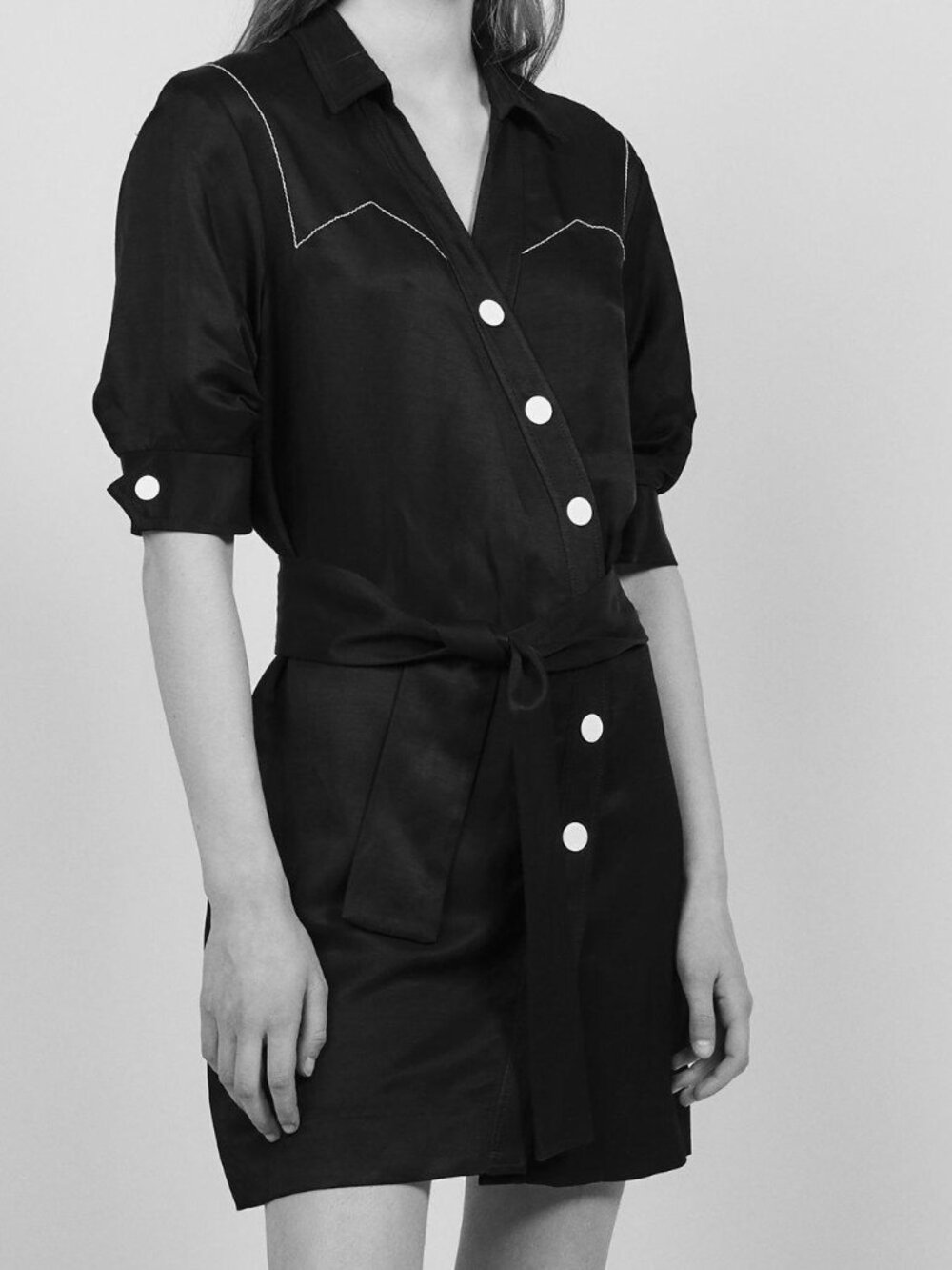 Sandro Paris Florence Black Linen Blend Western Shirt Dress Belted NWT Size 6